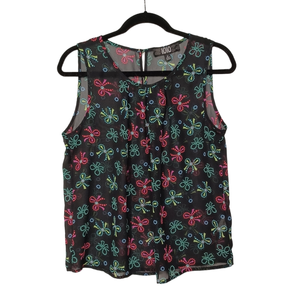 1010 Vibrant Colorful Rainbow Bow Dot Print Semi Sheer Sleeveless Black Top M